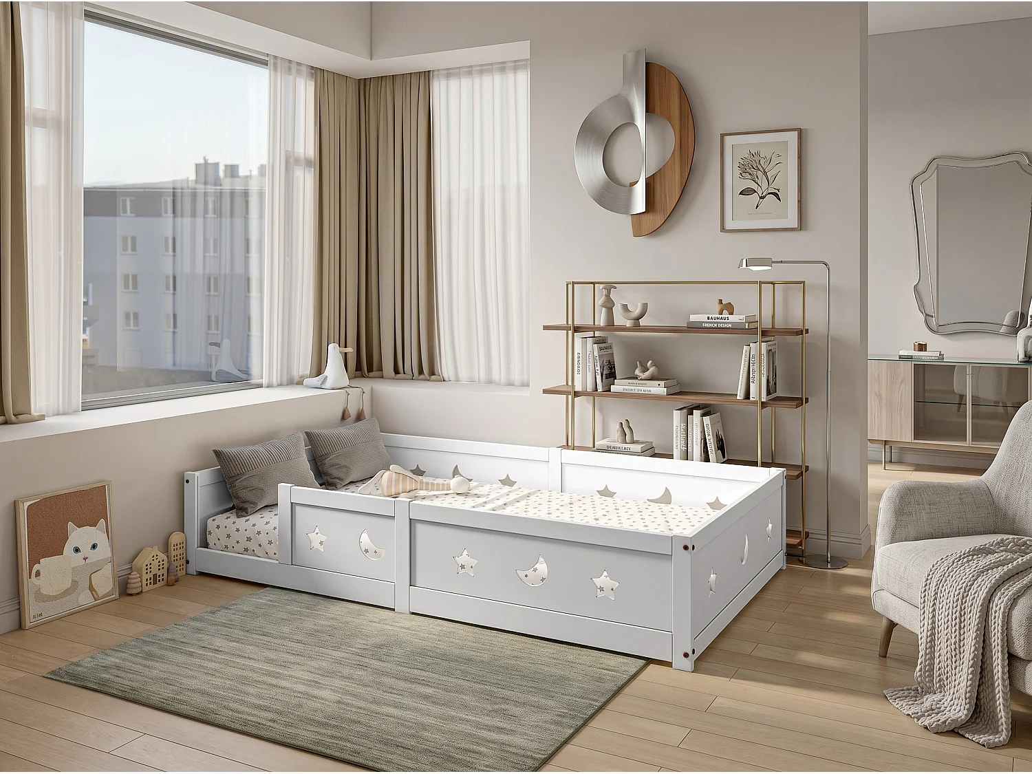 Lit enfant en bois massif - avec barrière de sécurité - motif étoile et lune - peinture à l’eau - design moderne