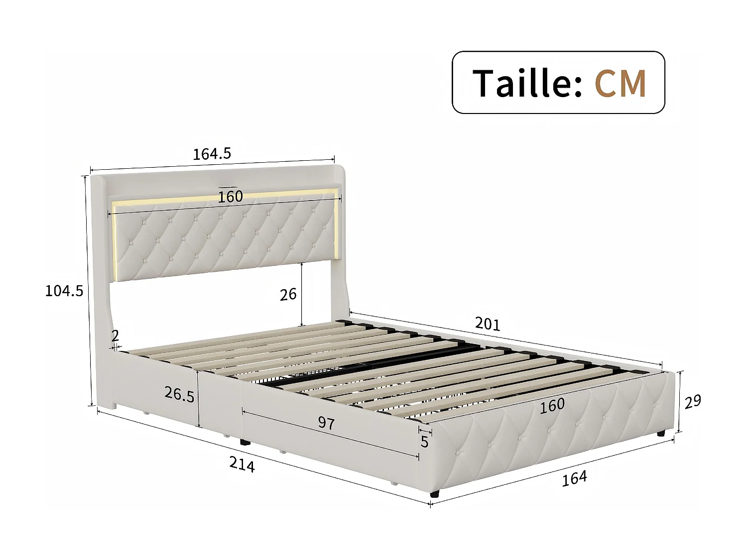 Lit 160x200 cm avec coffre et rangement, LED, USB et Type-C, lit capitonné velours, sommier inclus