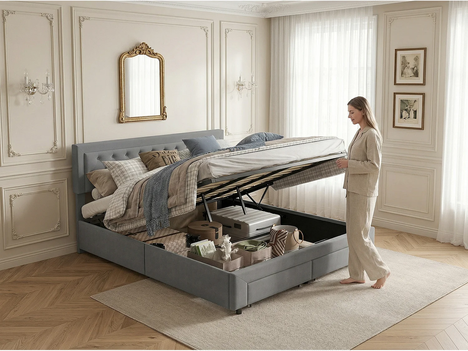 Lit rembourré en velours capitonné 180x200cm avec tiroirs de rangement - sommier à lattes