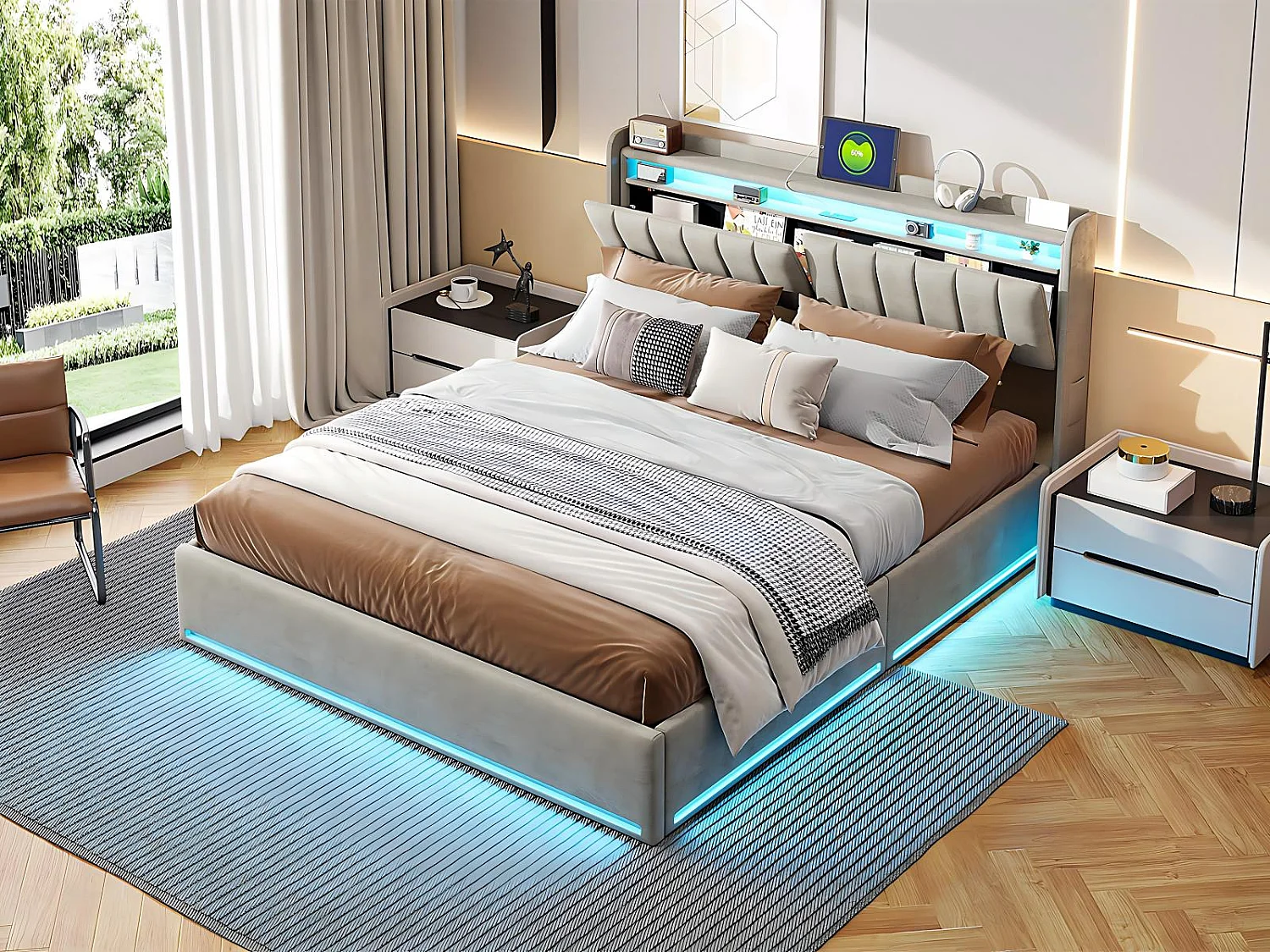 Lit coffre 160x200 avec tiroirs et LED RGB, lit avec USB Type-C, tête de lit rangement, velours