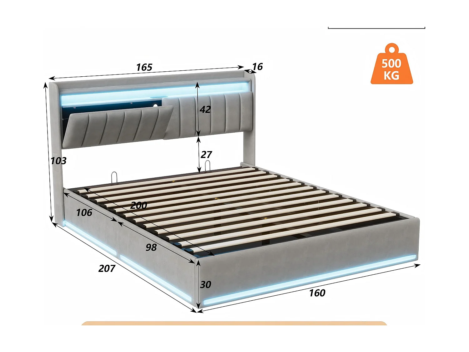 Lit coffre 160x200 avec tiroirs et LED RGB, lit avec USB Type-C, tête de lit rangement, velours