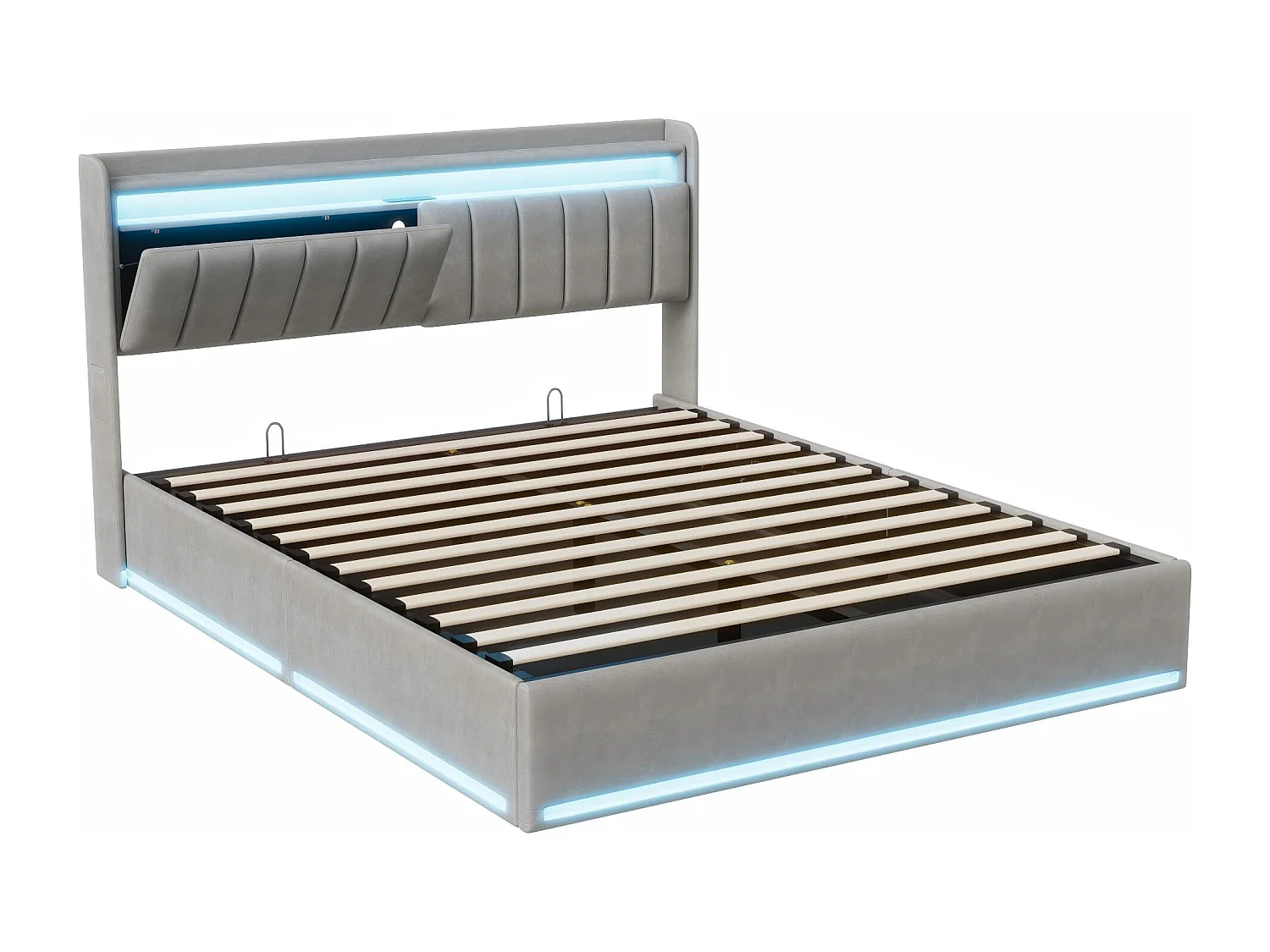 Lit coffre 160x200 avec tiroirs et LED RGB, lit avec USB Type-C, tête de lit rangement, velours