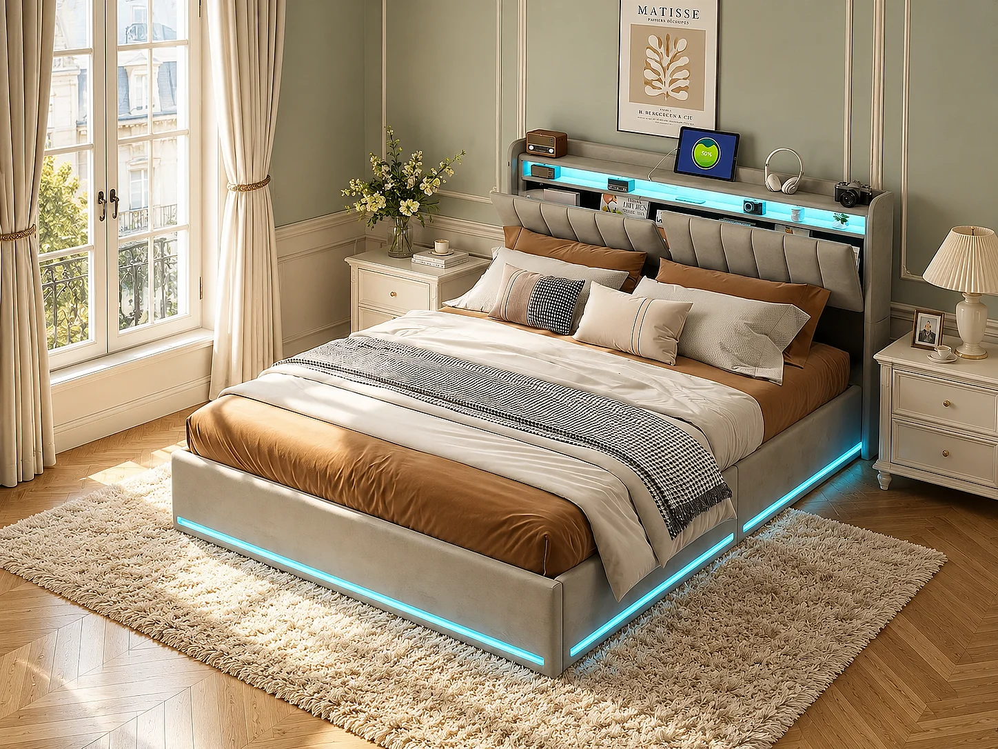 Lit rembourré 160×200 cm avec LED, recharge USB, sommier à lattes hydraulique et rangement – Lit double pour jeune