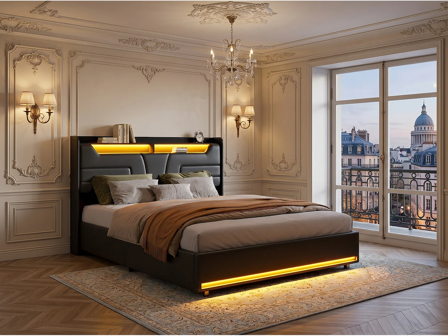 Lit rembourré 160x200 cm avec éclairage LED - tête de lit avec rangement - avec sommier à lattes inclus - Noir