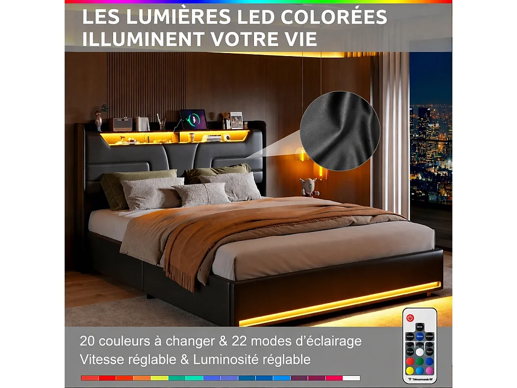 Lit coffre capitonné 160 x 200 cm - Éclairage LED - Prise électrique intégrée et sommier à lattes - Noir