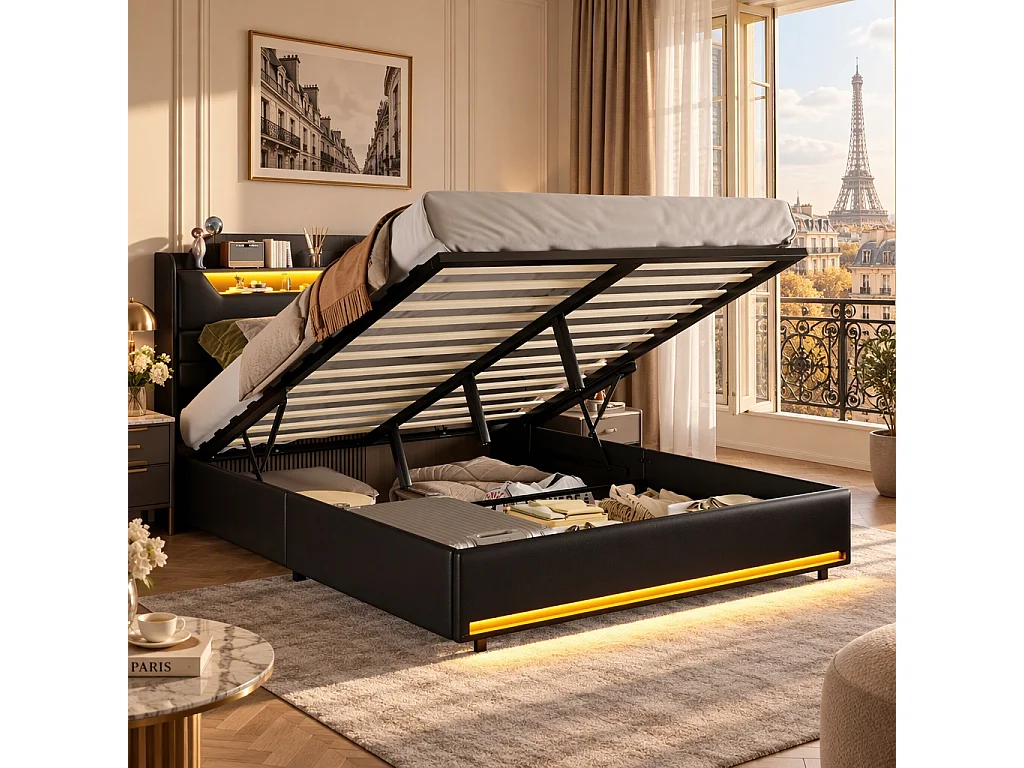 Lit coffre capitonné 160 x 200 cm - Éclairage LED - Prise électrique intégrée et sommier à lattes - Noir