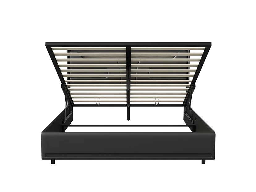 Lit coffre capitonné 160 x 200 cm - Éclairage LED - Prise électrique intégrée et sommier à lattes - Noir