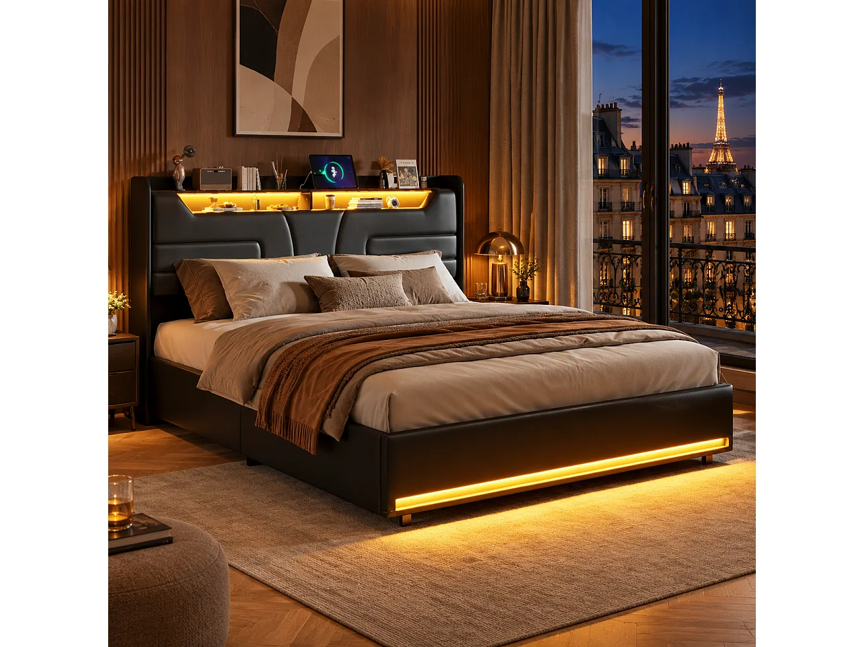 Lit coffre capitonné 160 x 200 cm - Éclairage LED - Prise électrique intégrée et sommier à lattes - Noir