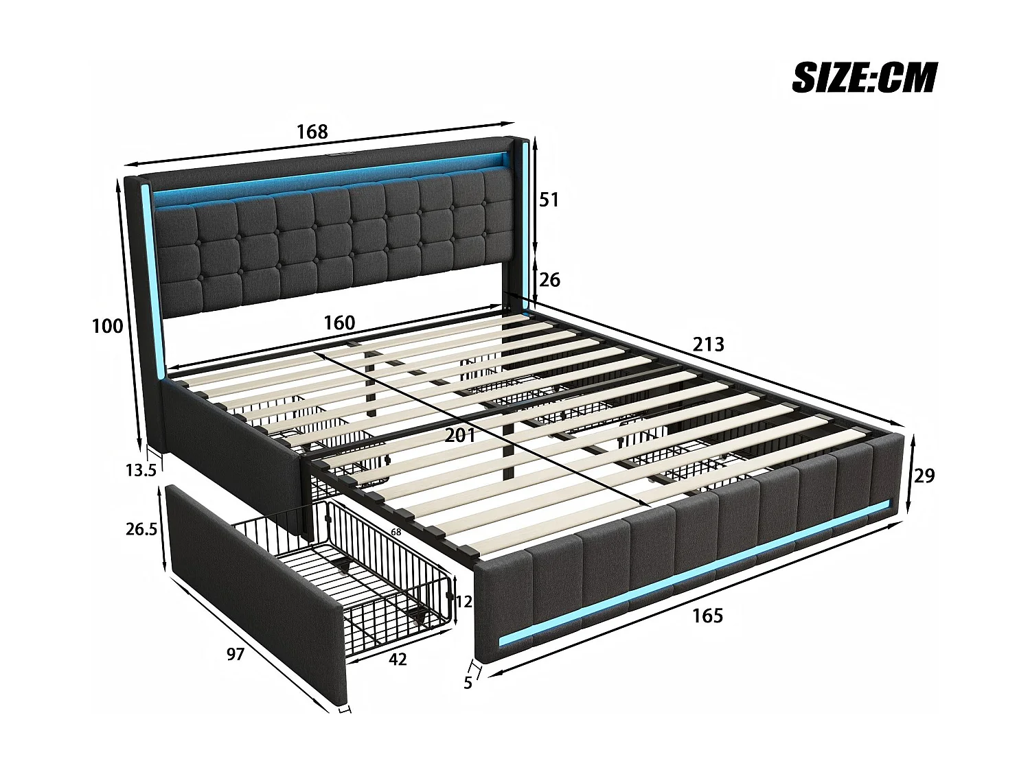 Lit 160x200 avec tiroirs, LED, USB Type-C, lit rangement avec roulettes, cadre de lit en tissu lin