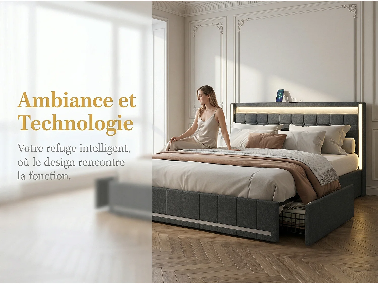 Lit 160x200 avec tiroirs, LED, USB Type-C, lit rangement avec roulettes, cadre de lit en tissu lin