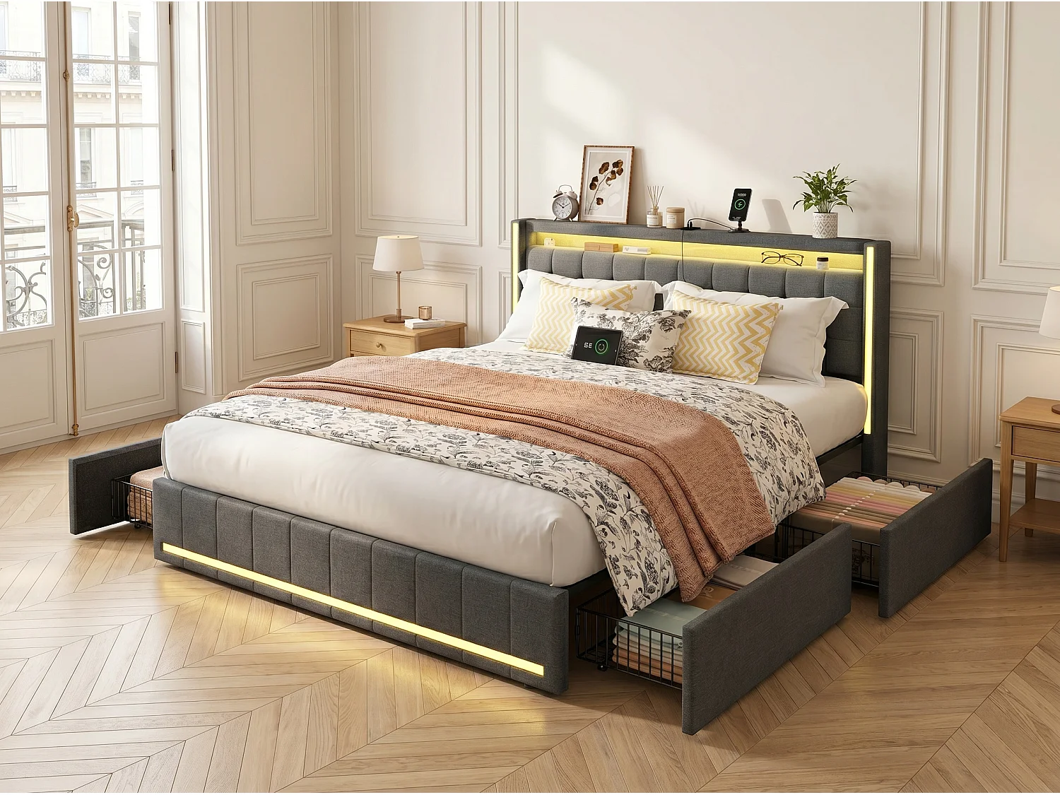 Lit 160x200 cm - Tiroirs de rangement avec roulettes - LED intégrée - USB Type-C - Cadre de lit en tissu lin