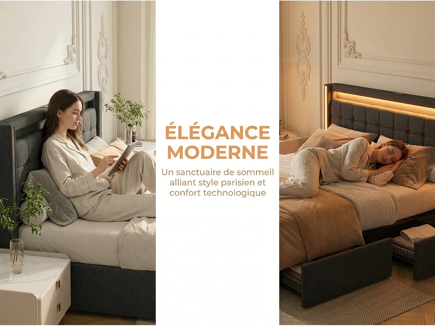 Lit 160x200 cm - Tiroirs de rangement avec roulettes - LED intégrée - USB Type-C - Cadre de lit en tissu lin