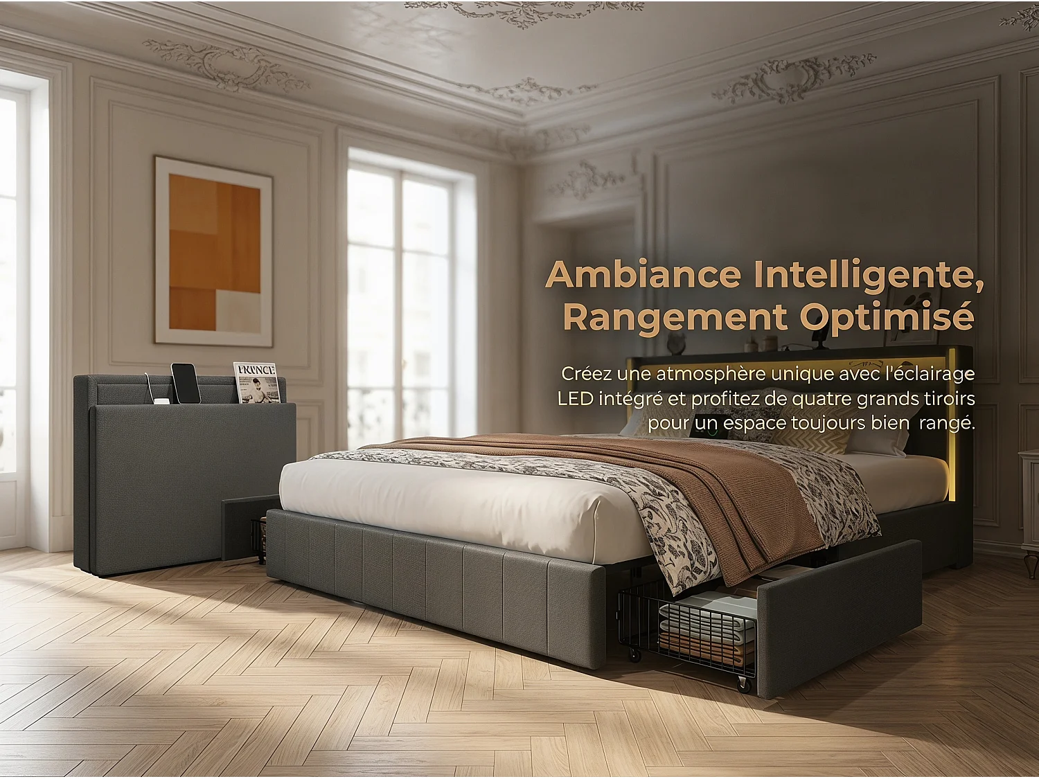 Lit 160x200 cm - Tiroirs de rangement avec roulettes - LED intégrée - USB Type-C - Cadre de lit en tissu lin