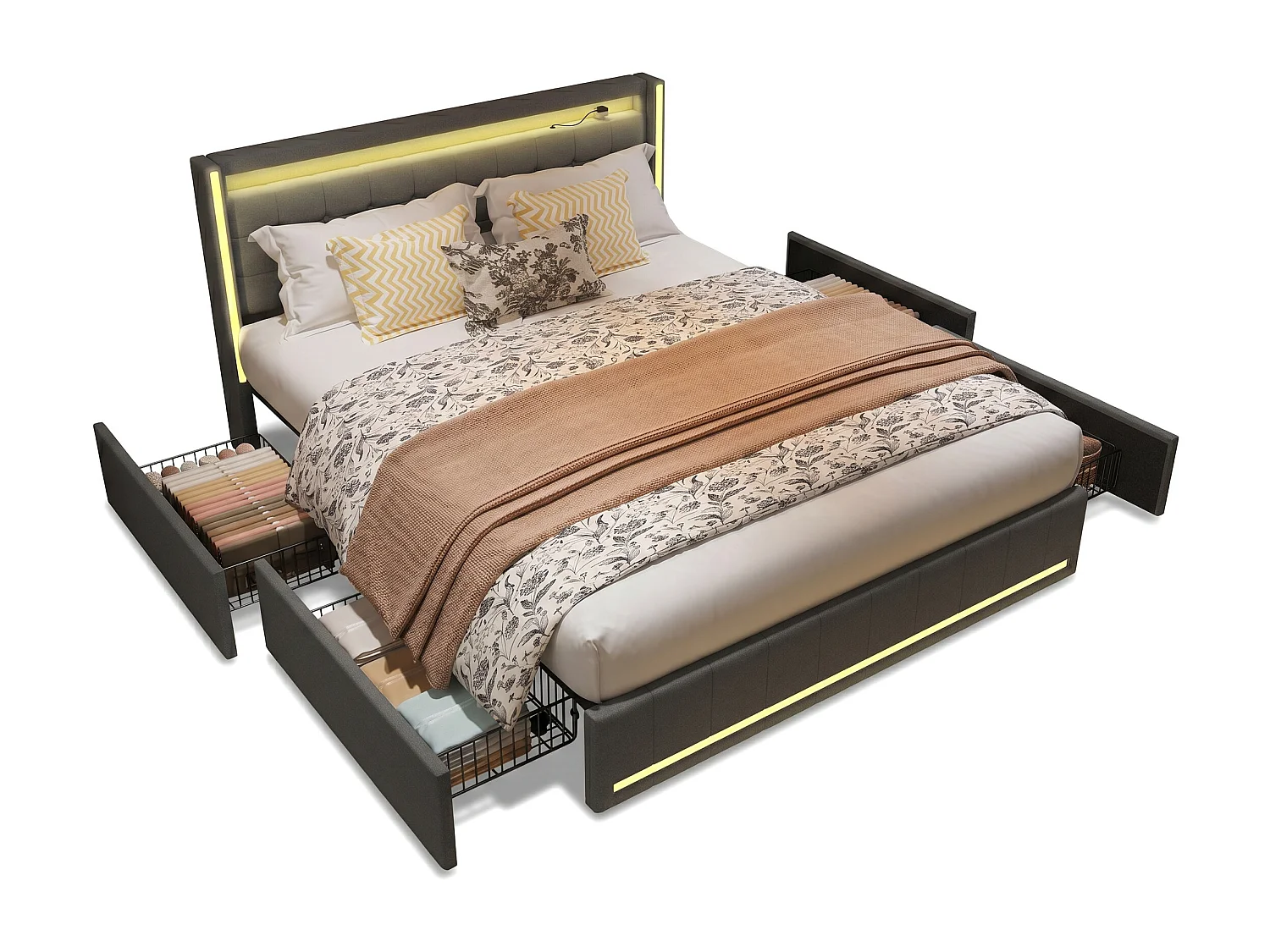Lit 160x200 cm - Tiroirs de rangement avec roulettes - LED intégrée - USB Type-C - Cadre de lit en tissu lin