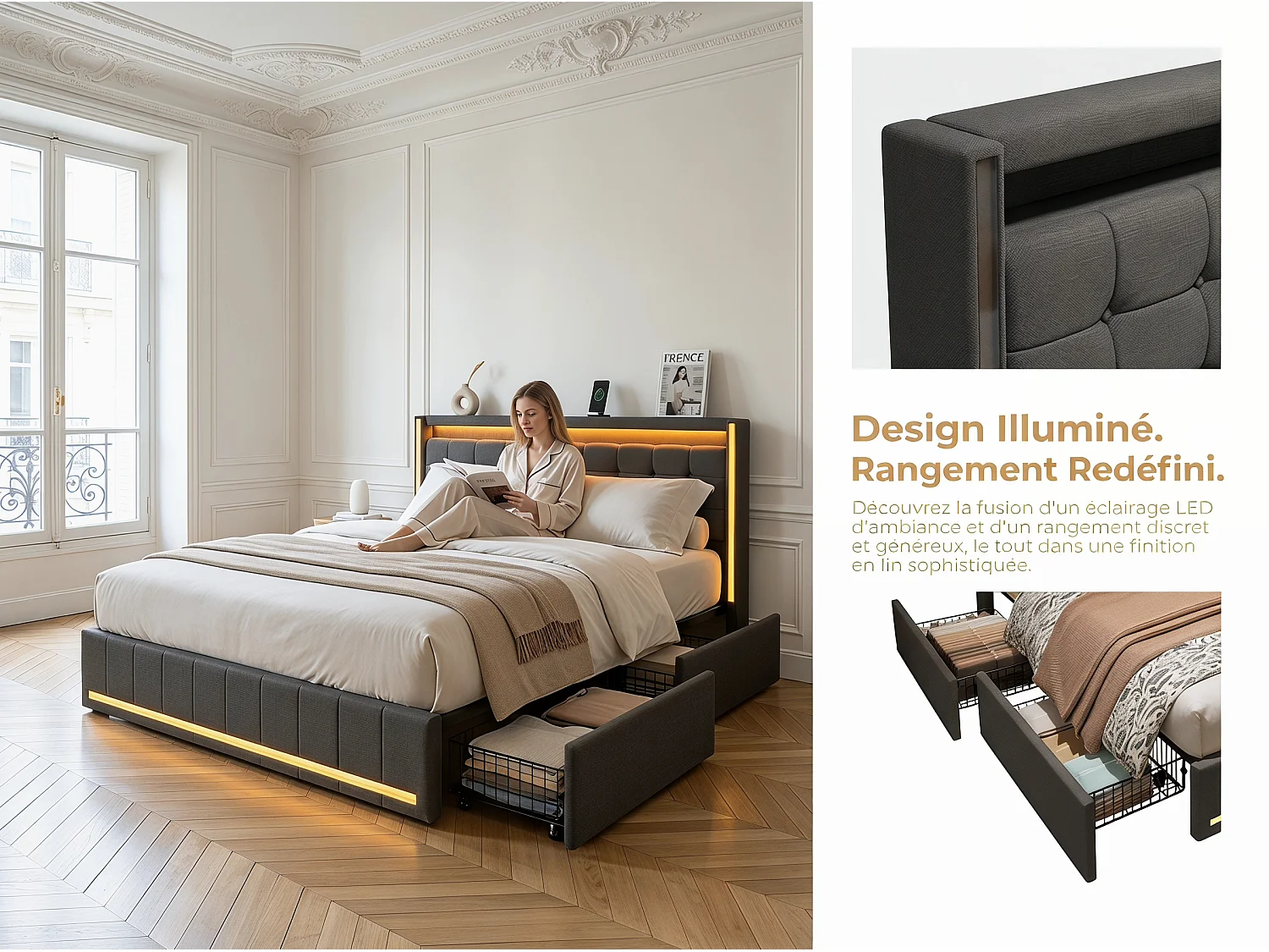 Lit 160x200 cm - Tiroirs de rangement avec roulettes - LED intégrée - USB Type-C - Cadre de lit en tissu lin