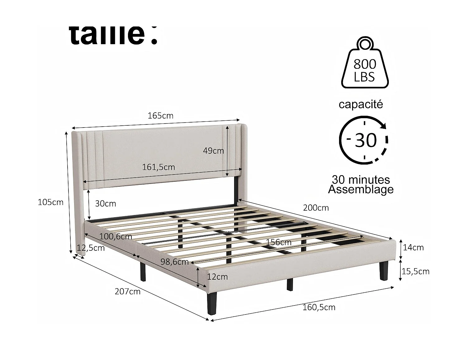 Lit rembourré double - tête de lit capitonnée - tissu beige - cadre stable - sans coffre de rangement