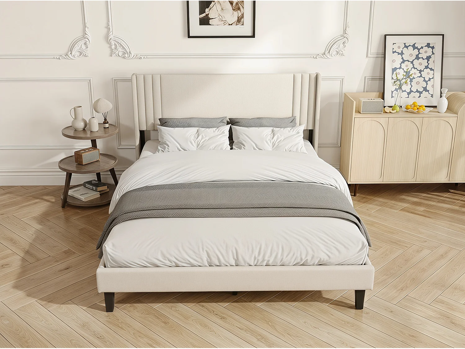 Lit rembourré double - tête de lit capitonnée - tissu beige - cadre stable - sans coffre de rangement