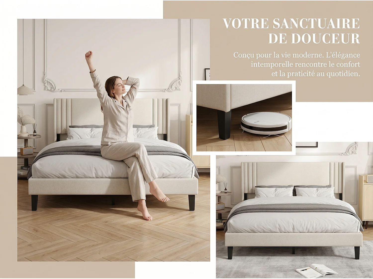 Lit rembourré double - tête de lit capitonnée - tissu beige - cadre stable - sans coffre de rangement