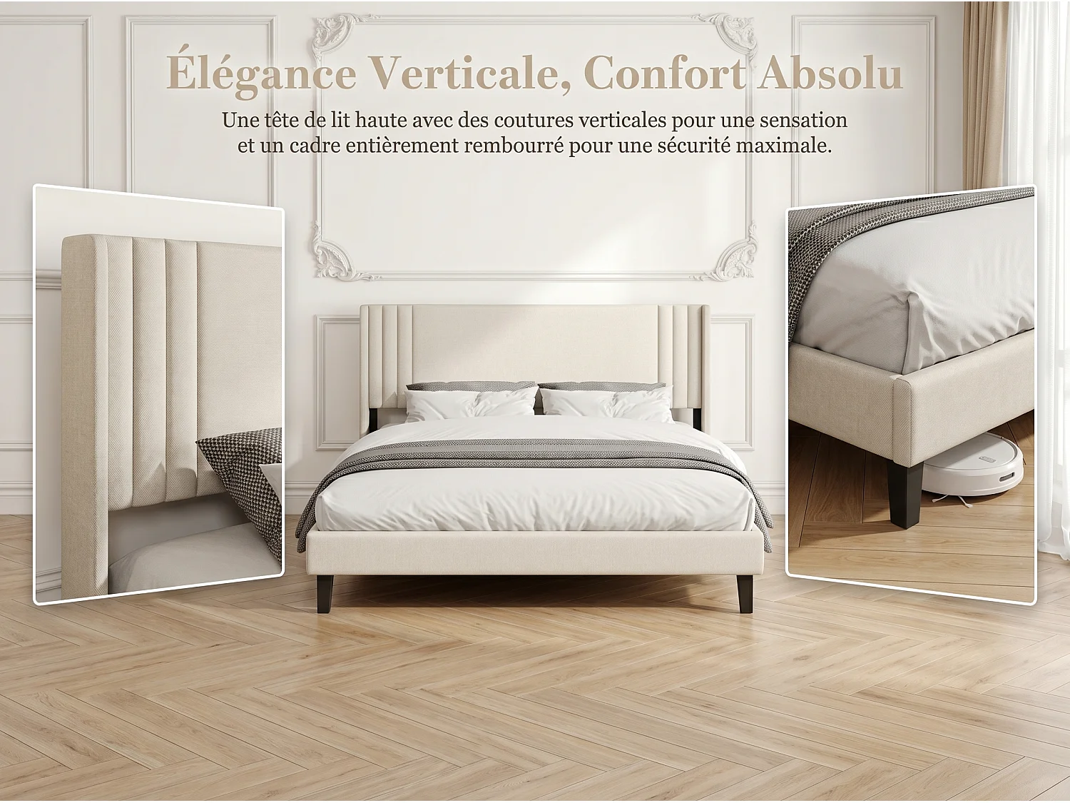 Lit rembourré double - tête de lit capitonnée - tissu beige - cadre stable - sans coffre de rangement