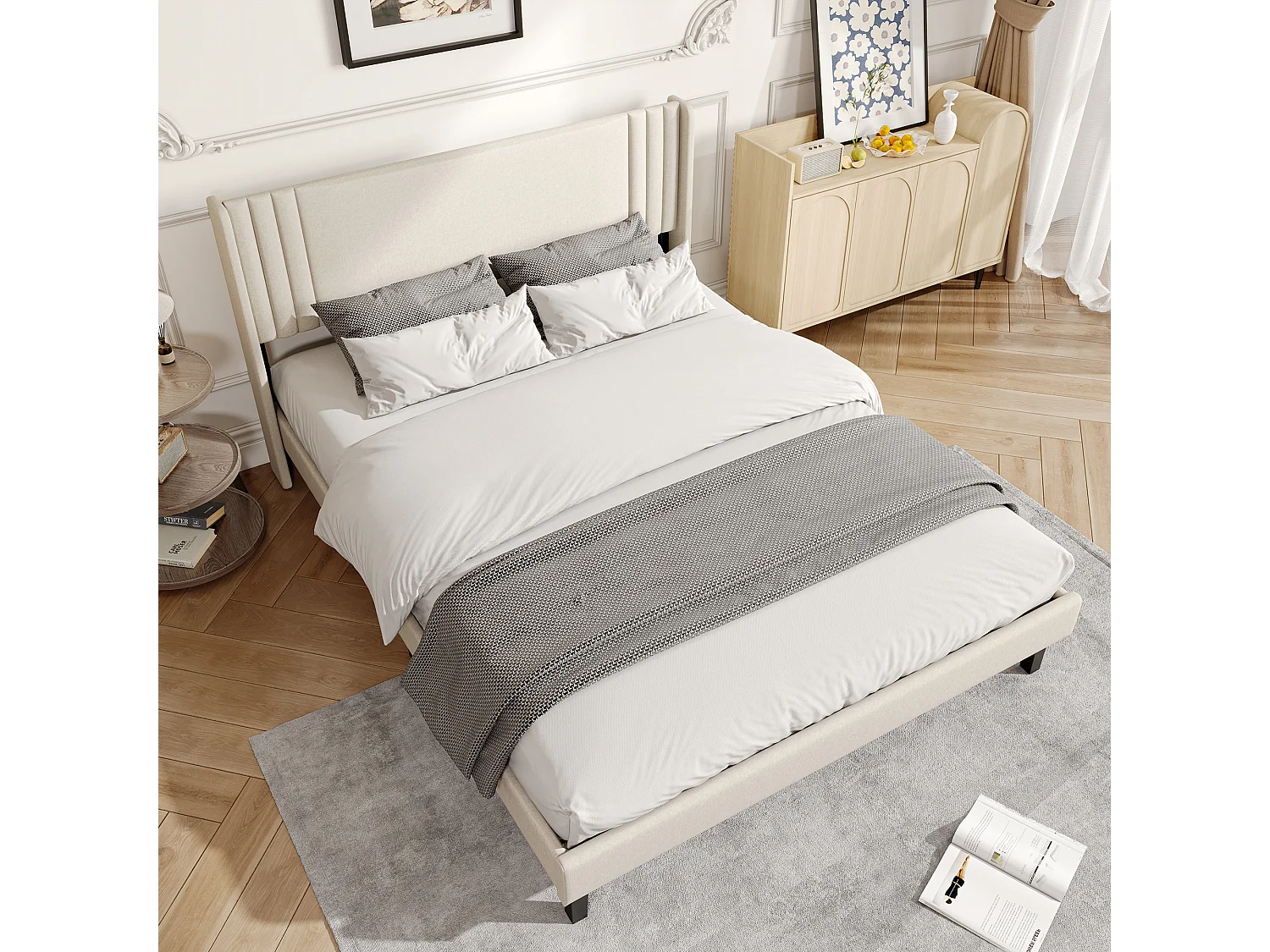 Lit rembourré double - tête de lit capitonnée - tissu beige - cadre stable - sans coffre de rangement