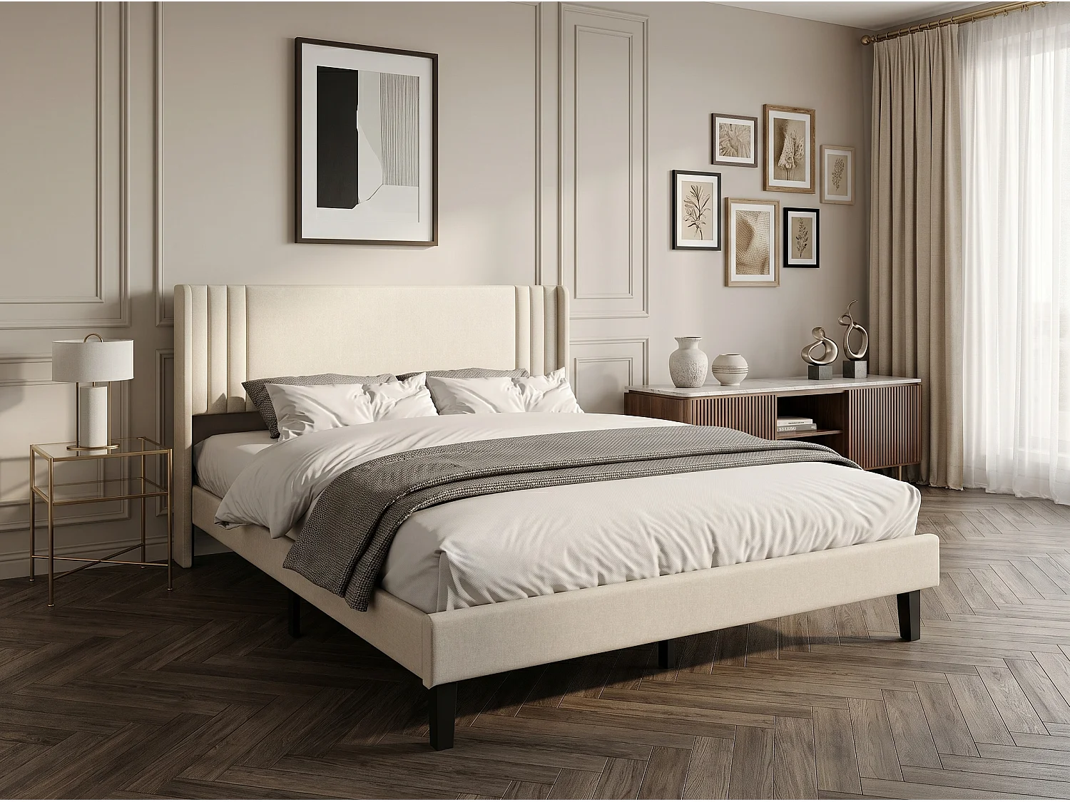 Lit rembourré double - tête de lit capitonnée - tissu beige - cadre stable - sans coffre de rangement
