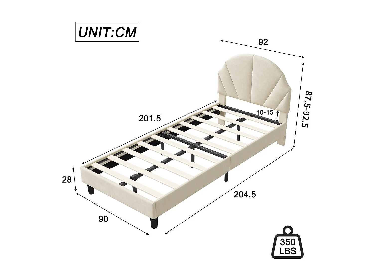Lit simple rembourré 90x200 avec tête de lit design coquille, lit enfant moderne en tissu, cadre de lit avec sommier à lattes，Beige