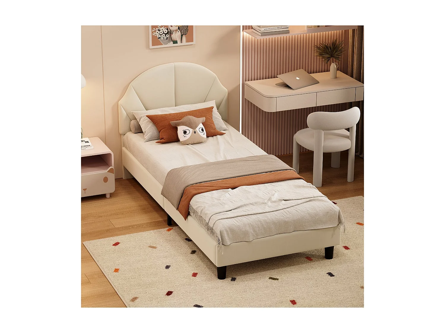 Lit simple rembourré 90x200 avec tête de lit design coquille, lit enfant moderne en tissu, cadre de lit avec sommier à lattes，Beige