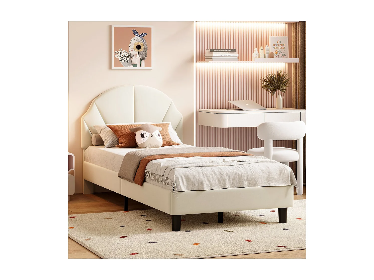 Lit simple rembourré 90x200 avec tête de lit design coquille, lit enfant moderne en tissu, cadre de lit avec sommier à lattes，Beige