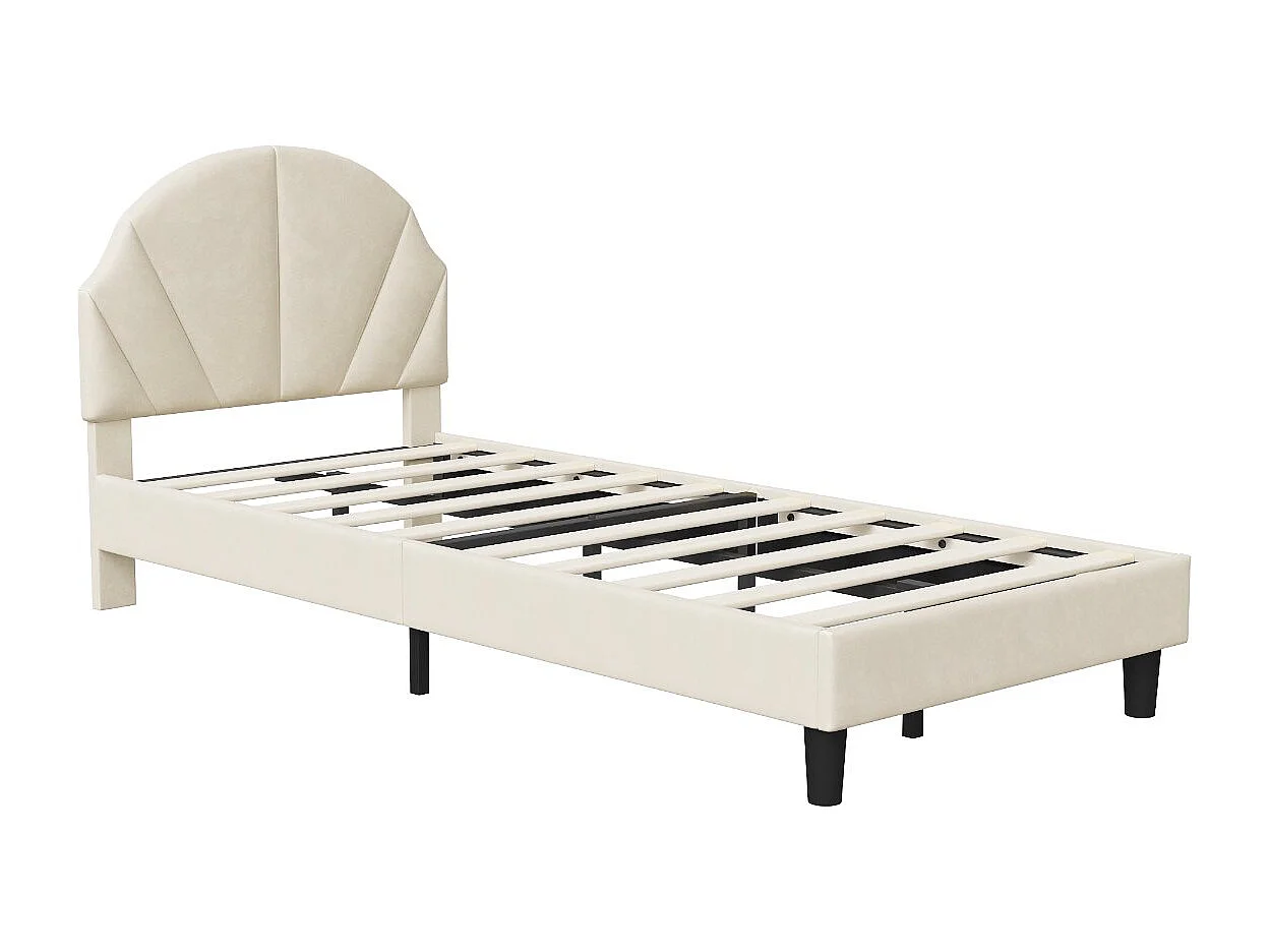 Lit simple rembourré 90x200 avec tête de lit design coquille, lit enfant moderne en tissu, cadre de lit avec sommier à lattes，Beige