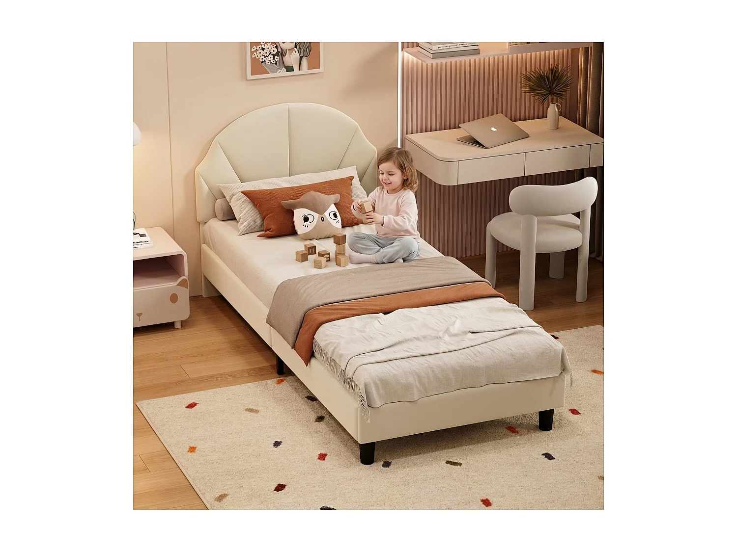 Lit enfant 90 x 200 cm - Tissu beige - Tête de lit coquillage et sommier à lattes