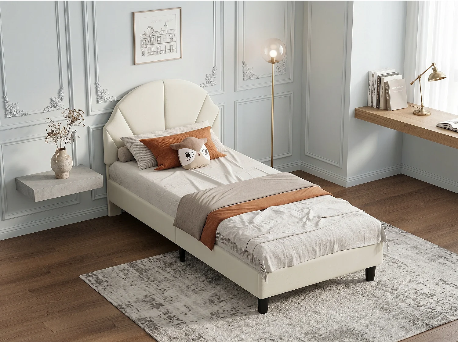 Lit enfant 90 x 200 cm - Tissu beige - Tête de lit coquillage et sommier à lattes
