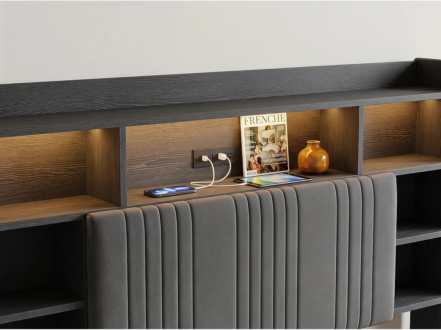 Lit rembourré 140x200 cm - avec éclairage LED et tiroirs - tête de lit avec étagères - sommier inclus