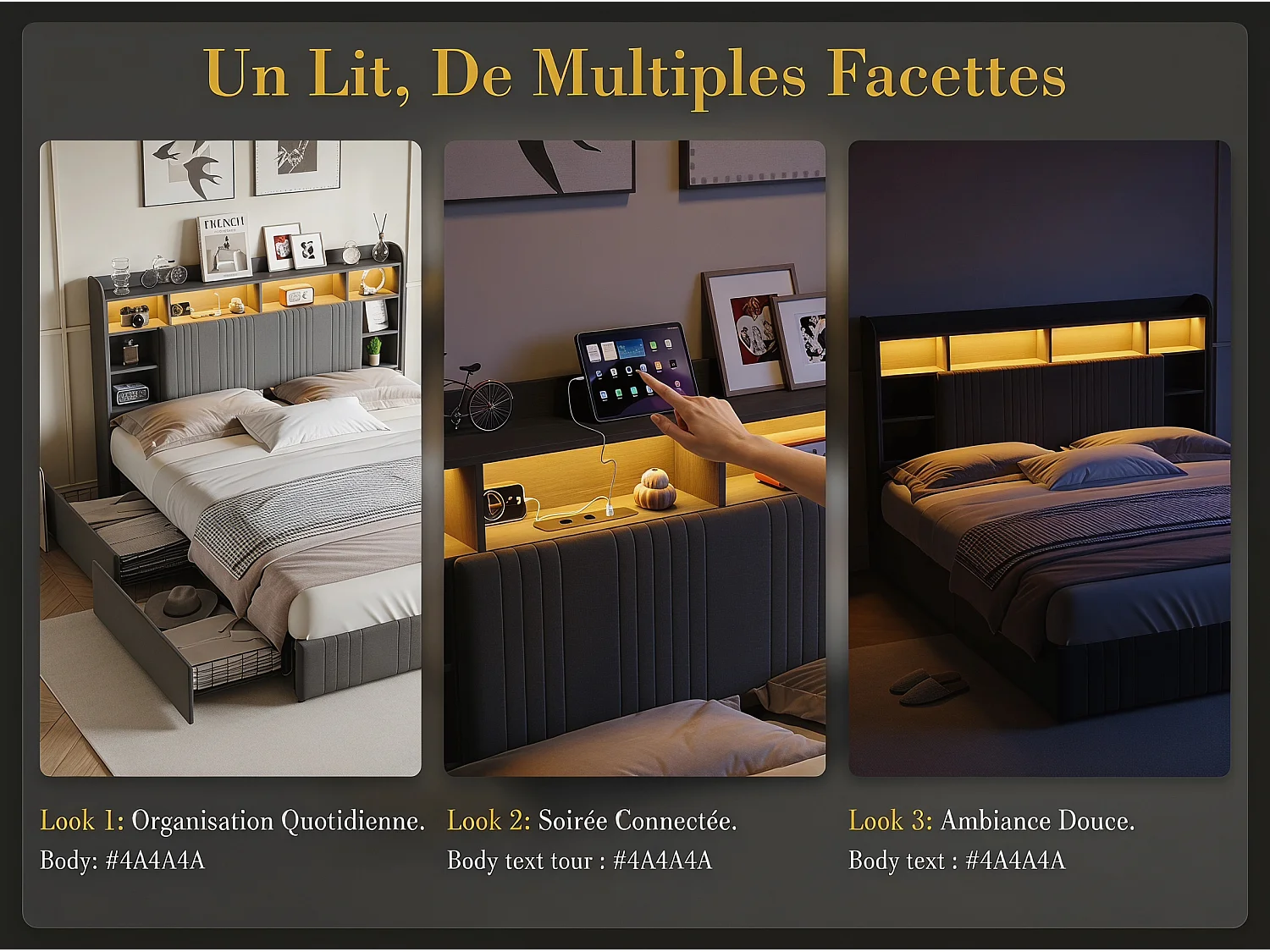 Lit rembourré 140x200 cm - avec éclairage LED et tiroirs - tête de lit avec étagères - sommier inclus