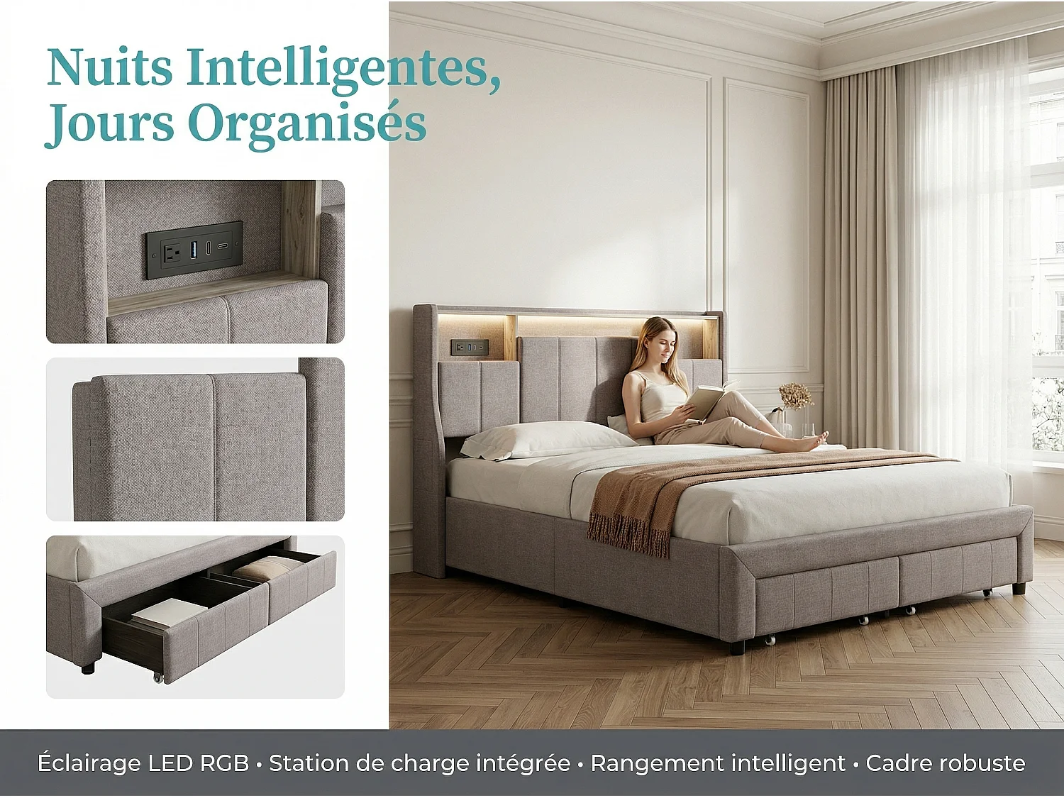 Lit 140x200 cm - Tiroirs de rangement et LED - Rangement tête de lit - Lit rembourré tissu - Sommier à lattes