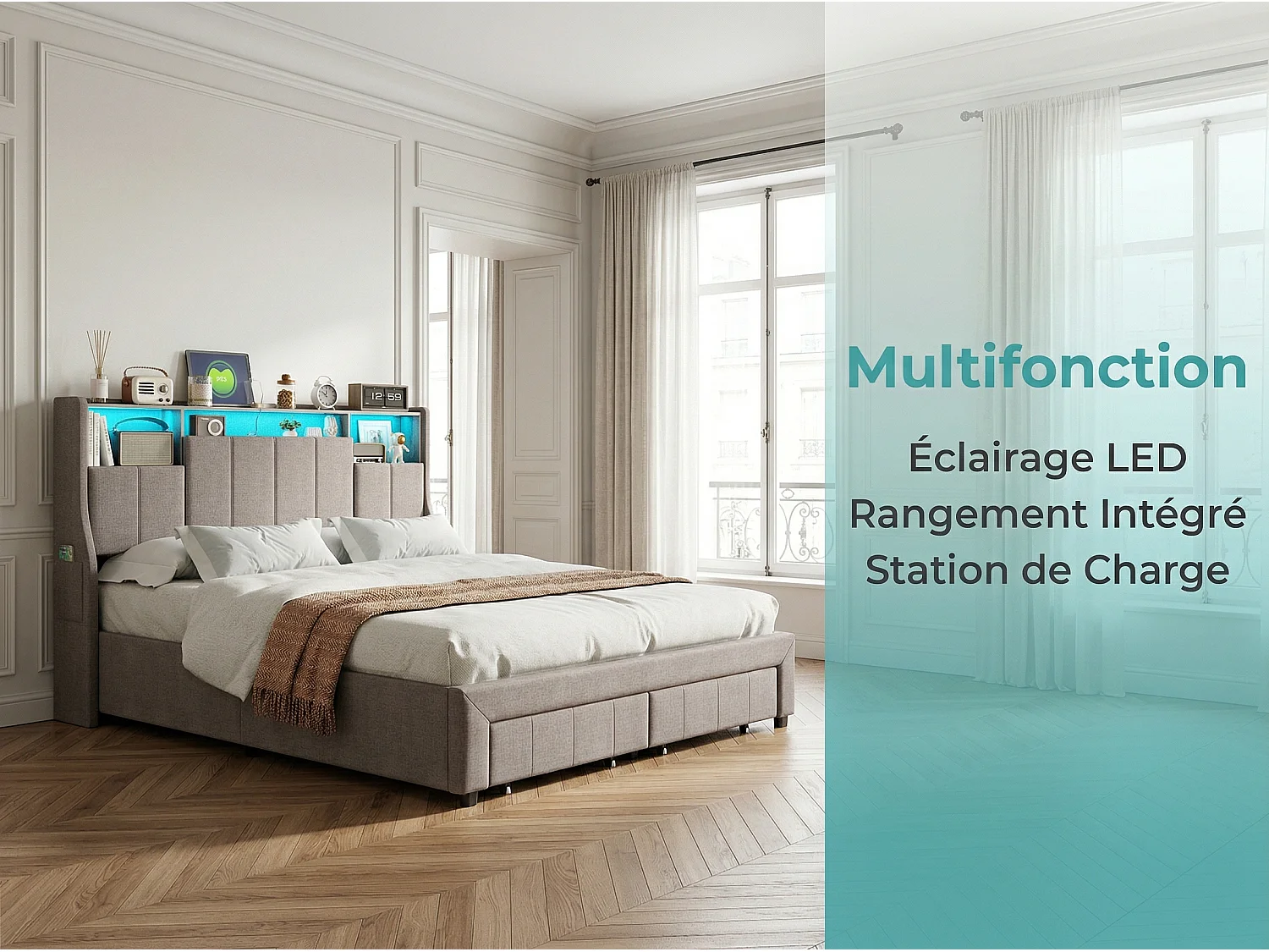 Lit 140x200 cm - Tiroirs de rangement et LED - Rangement tête de lit - Lit rembourré tissu - Sommier à lattes