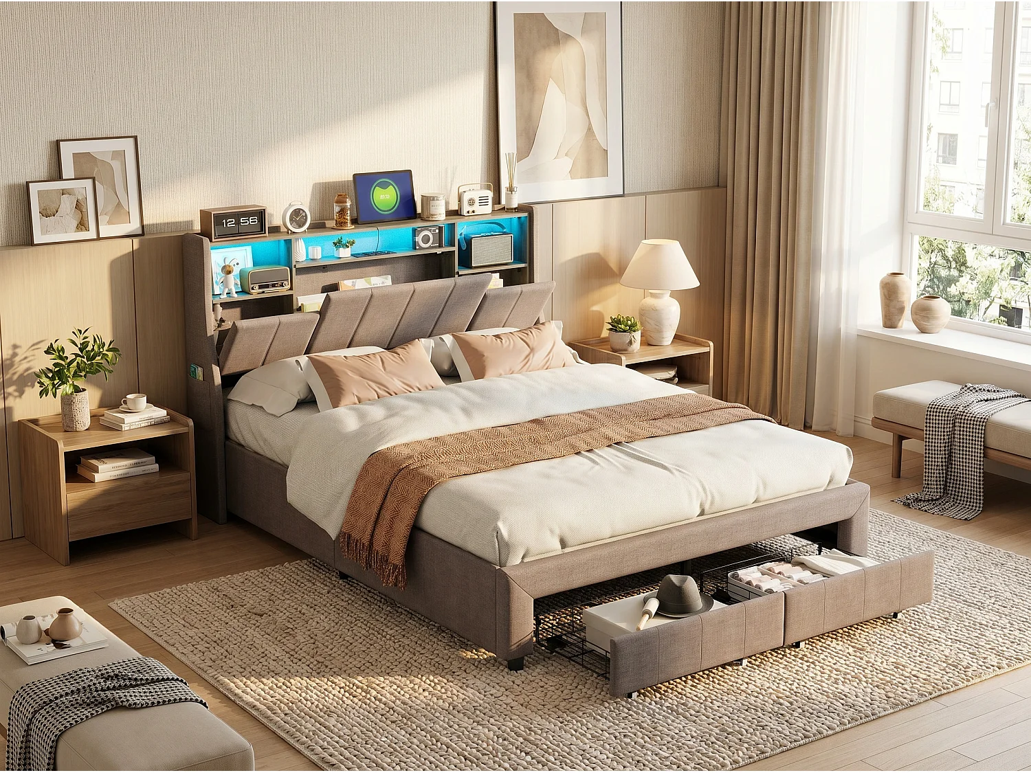 Lit 140x200 cm - Tiroirs de rangement et LED - Rangement tête de lit - Lit rembourré tissu - Sommier à lattes