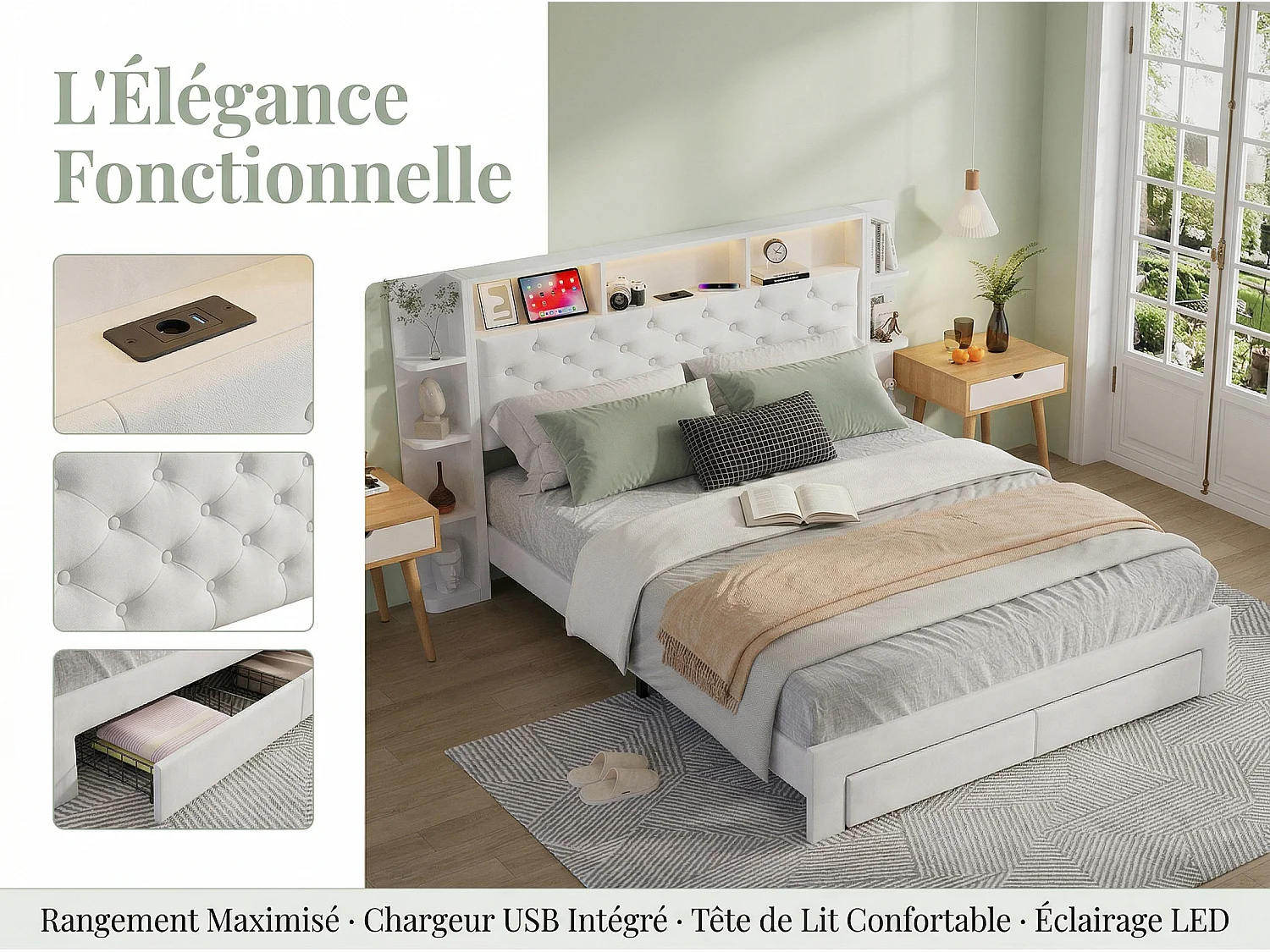 Lit 160x200 cm - Tiroirs de rangement et LED - USB - Lit rembourré velours - Tête de lit avec rangement ouvert