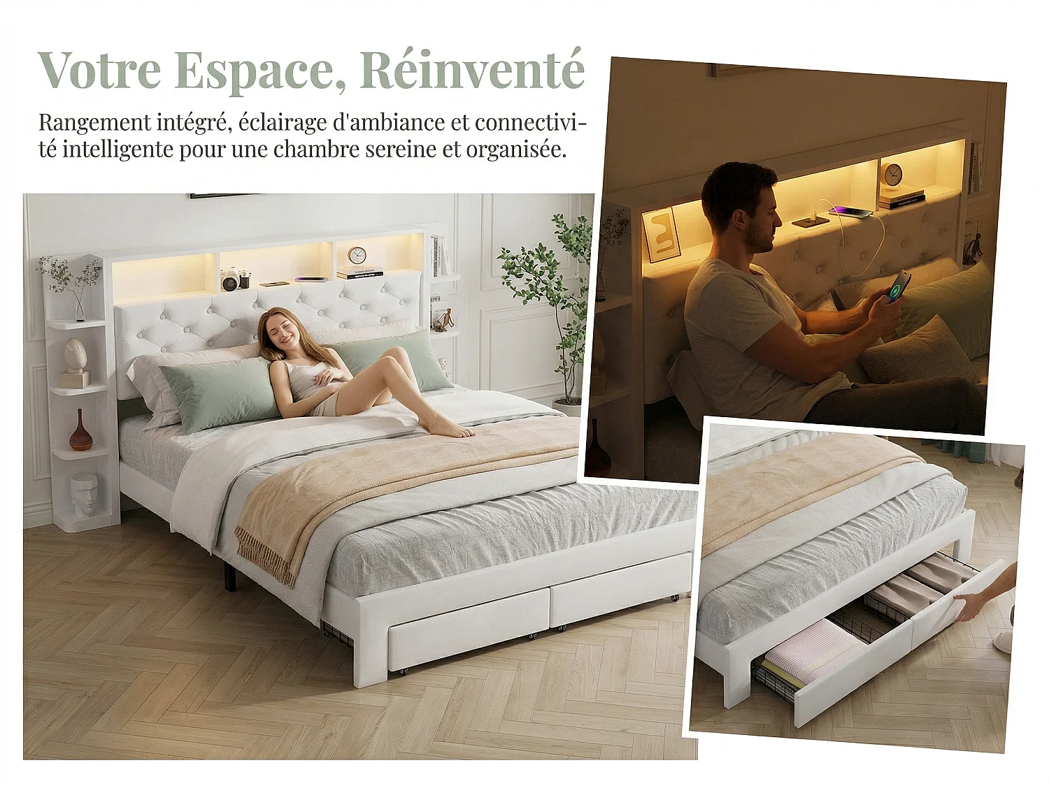Lit 160x200 cm - Tiroirs de rangement et LED - USB - Lit rembourré velours - Tête de lit avec rangement ouvert