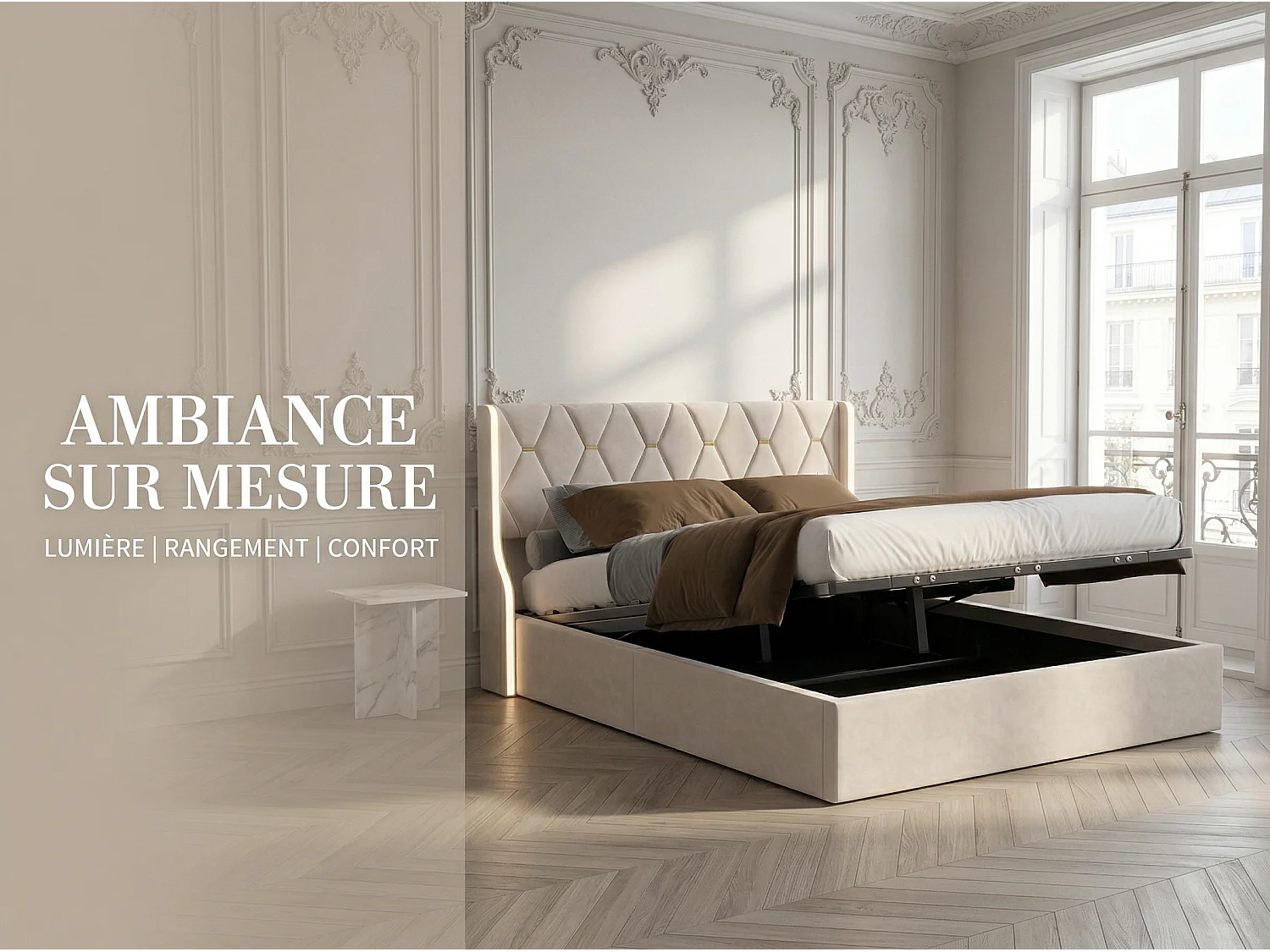 Lit 160x200 cm avec rangement sous lit, LED, lit capitonné velours, sommier à lattes inclus, style moderne