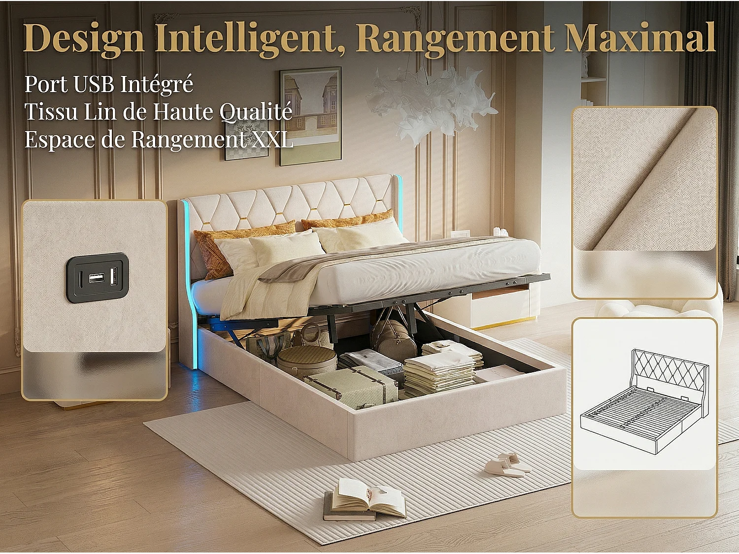 Lit 160x200 cm - avec rangement sous lit - LED -velours - sommier à lattes inclus