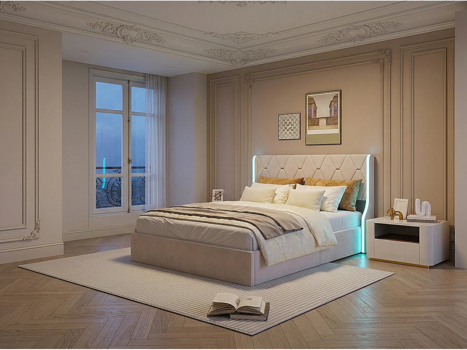 Lit 160x200 cm - avec rangement sous lit - LED -velours - sommier à lattes inclus