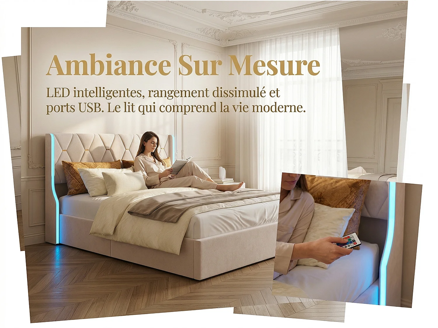 Lit 160x200 cm - avec rangement sous lit - LED -velours - sommier à lattes inclus