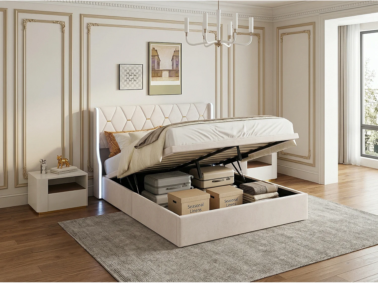 Lit 160x200 cm - avec rangement sous lit - LED -velours - sommier à lattes inclus