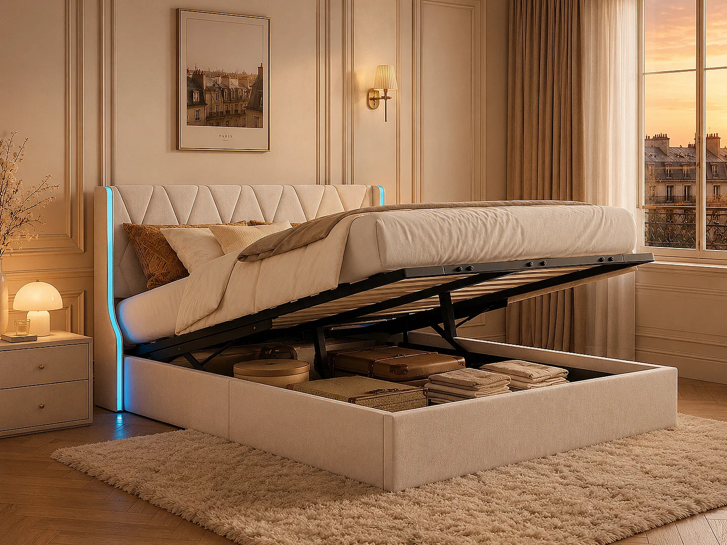 Lit 160x200 cm - avec rangement sous lit - LED -velours - sommier à lattes inclus