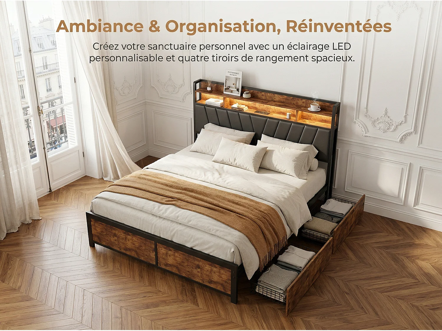 Lit 160x200 cm LED RGB avec USB, 4 Tiroirs, Rangement, Métal et Bois