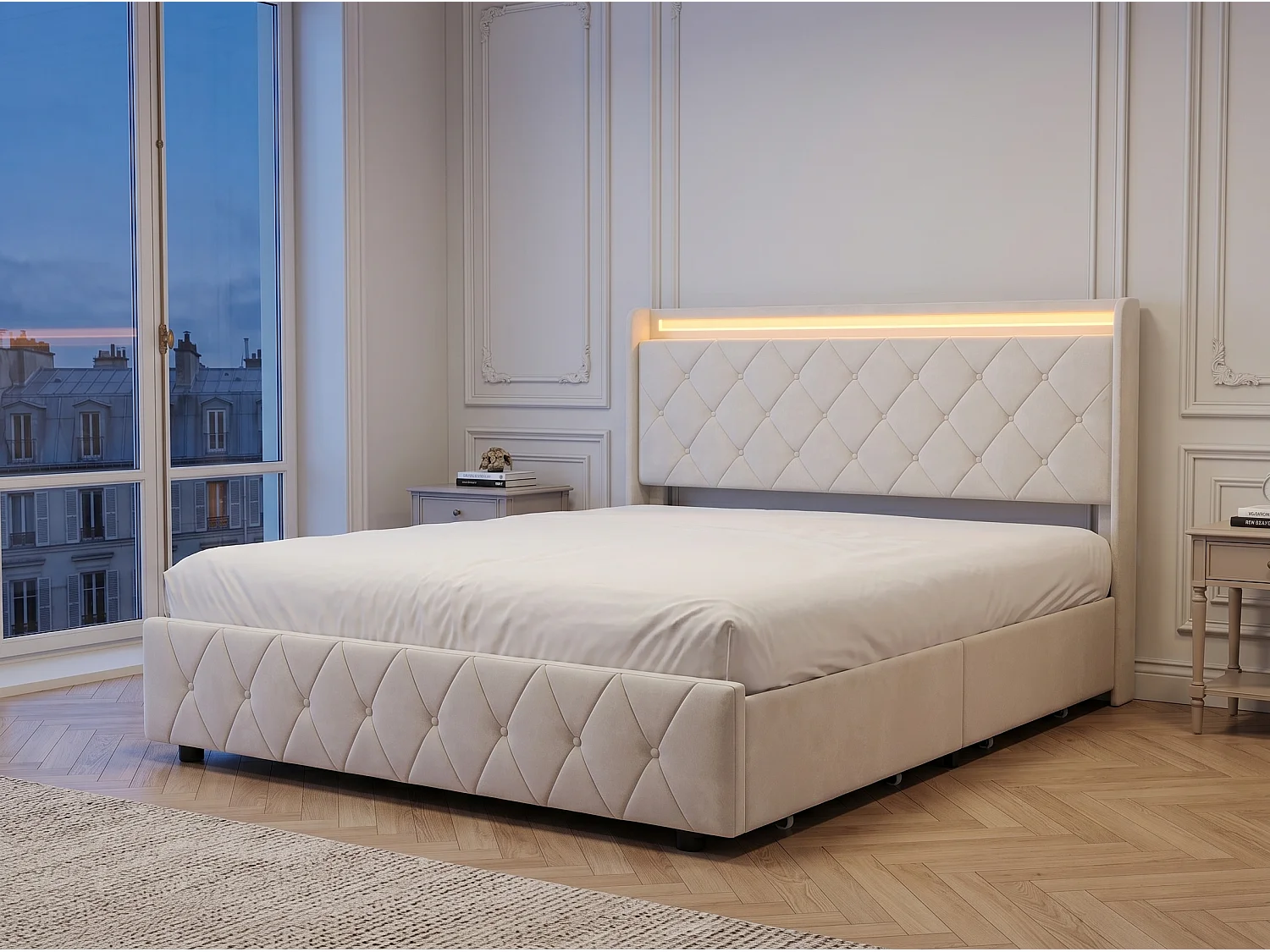 Lit rembourré 160x200 cm - avec éclairage LED - tête de lit avec étagère - similicuir PU beige - sommier à lattes inclus