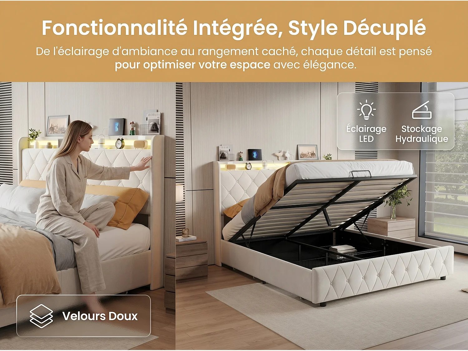 Lit rembourré 160x200 cm - avec éclairage LED - tête de lit avec étagère - similicuir PU beige - sommier à lattes inclus