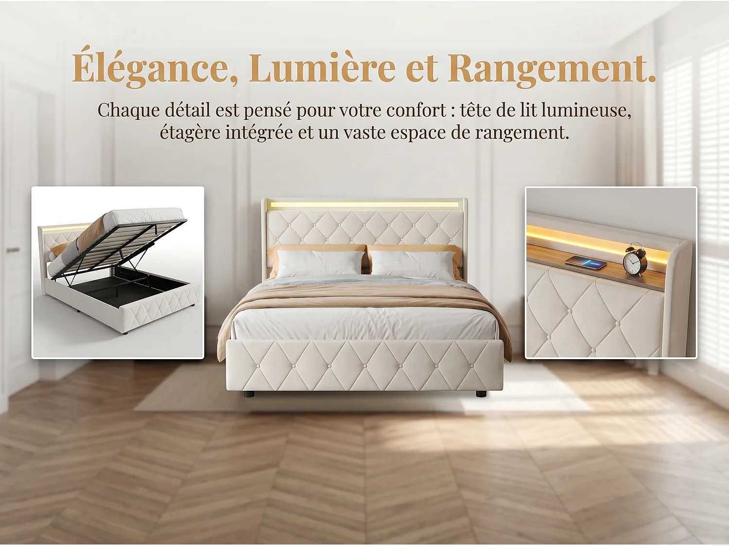 Lit rembourré 160x200 cm - avec éclairage LED - tête de lit avec étagère - similicuir PU beige - sommier à lattes inclus