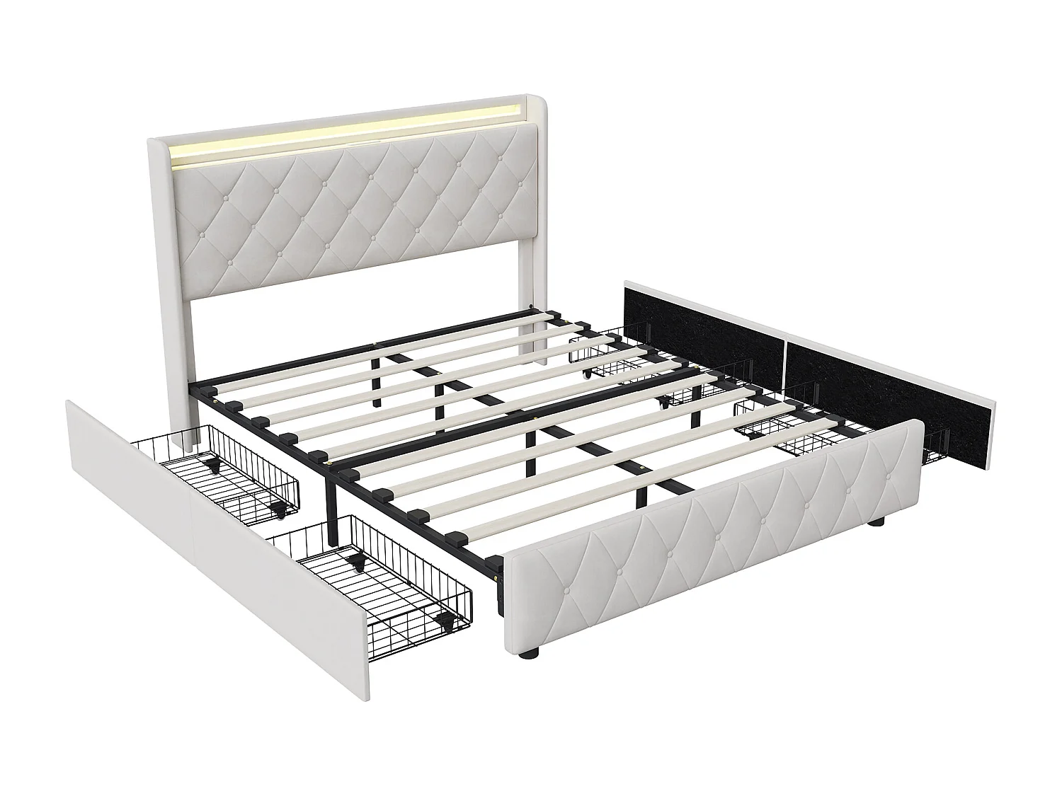 Lit rembourré 160x200 cm - avec éclairage LED - tête de lit avec étagère - similicuir PU beige - sommier à lattes inclus