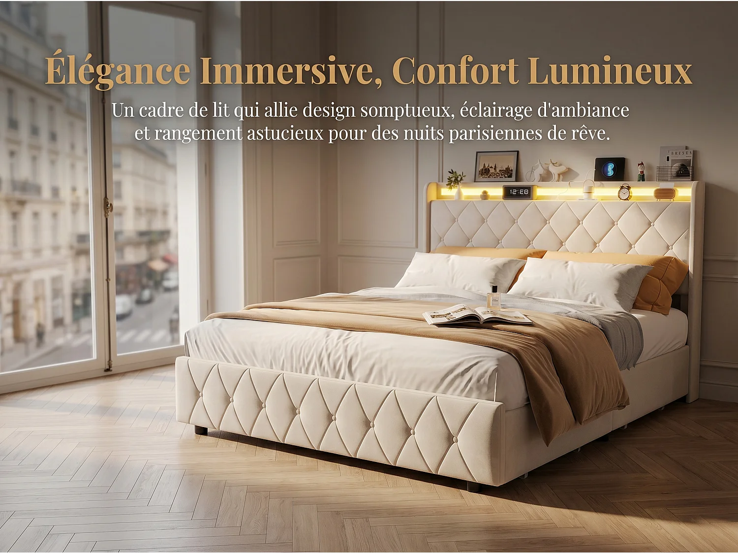 Lit rembourré 160x200 cm - avec éclairage LED - tête de lit avec étagère - similicuir PU beige - sommier à lattes inclus